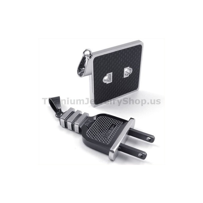 Socket And Plug Black Titanium Lovers Pendants-Free Chains