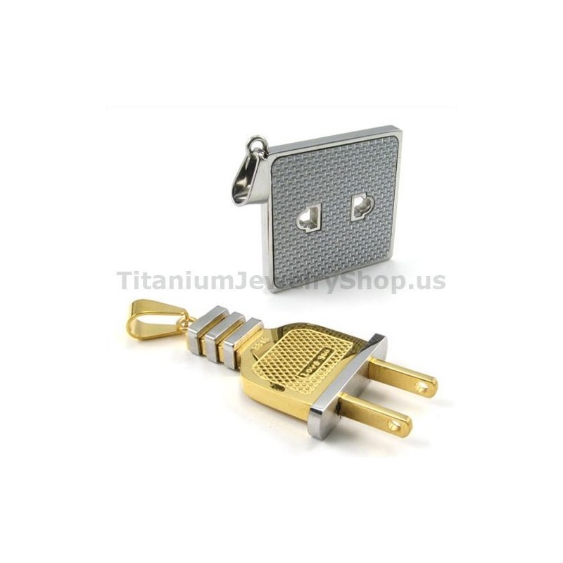 Socket And Plug Gloden Titanium Lovers Pendants-Free Chains