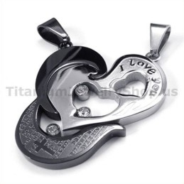 Sweetheart And Cross Black Titanium Lovers Pendants With Diamonds-Free Chains