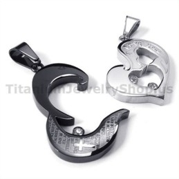 Sweetheart And Cross Black Titanium Lovers Pendants With Diamonds-Free Chains