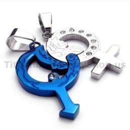 Blue Color Titanium Lovers Pendants With Diamonds-Free Chains