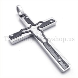 Carved Jesus Black Titanium Cross Pendant