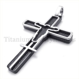 Black Carved Jesus Pattern Titanium Cross Pendant