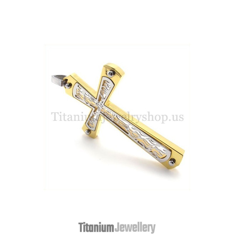 Gold Embedded Hollow Cross Pattern Fashion Titanium Cross Pendant