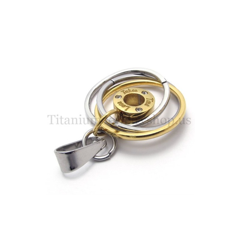 Gold Multi-Ring Engraved With "Take Time Love" Titanium Pendant