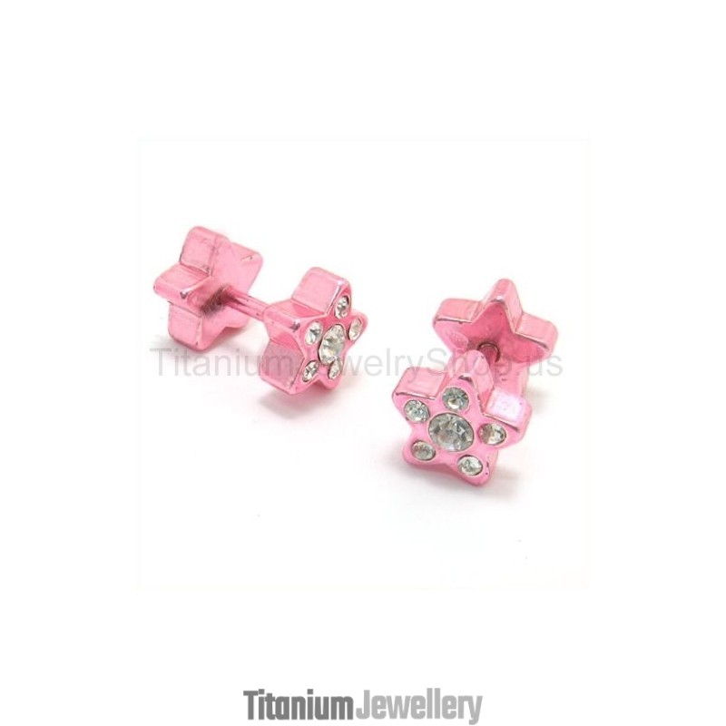 Pink Stars Titanium Inlayed Diamond Earrings Pink Stars Titanium Inlayed Diamond Earrings