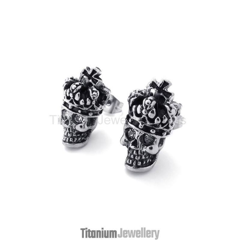 White-Eyes Crown Skull Titanium Earrings