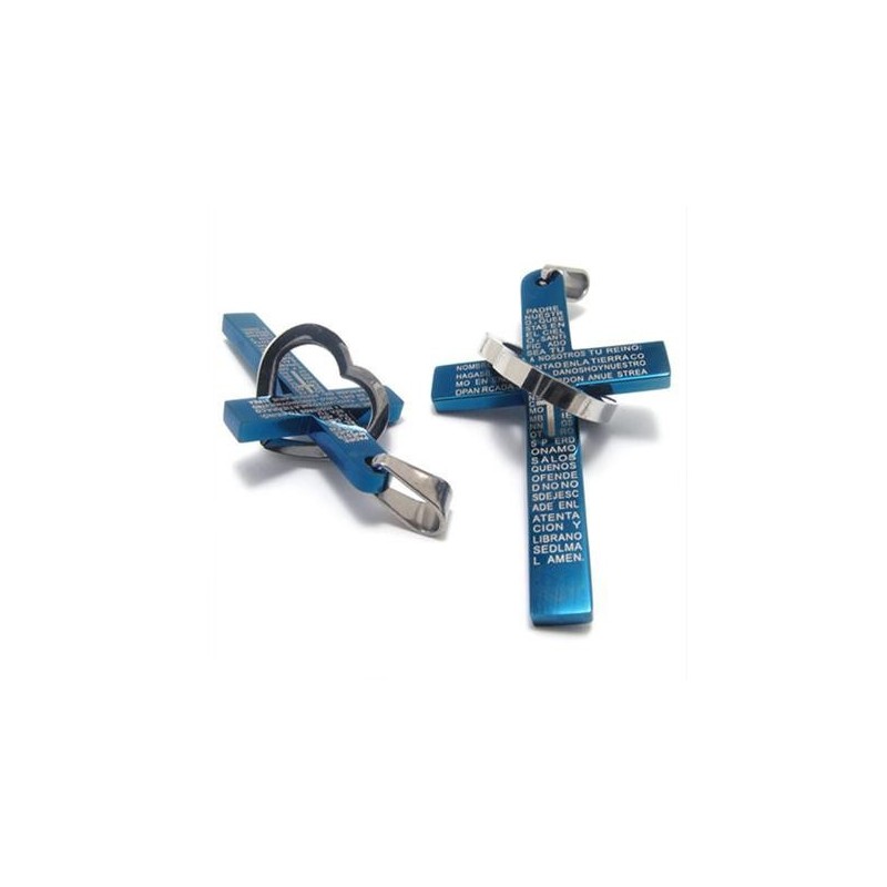 Cool Man Heart Cross Bible Titanium Steel Pendant (New) Blue Color