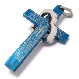 Cool Man Heart Cross Bible Titanium Steel Pendant (New) Blue Color