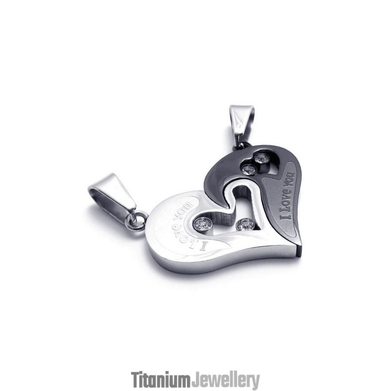 Sweetheart And Black Titanium Lovers Pendants With Diamonds - Free Chains