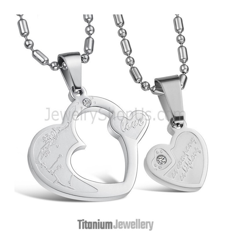 Titanium Silver Sweetheart Lovers Pendants With Rhinestone And Free Chains C600
