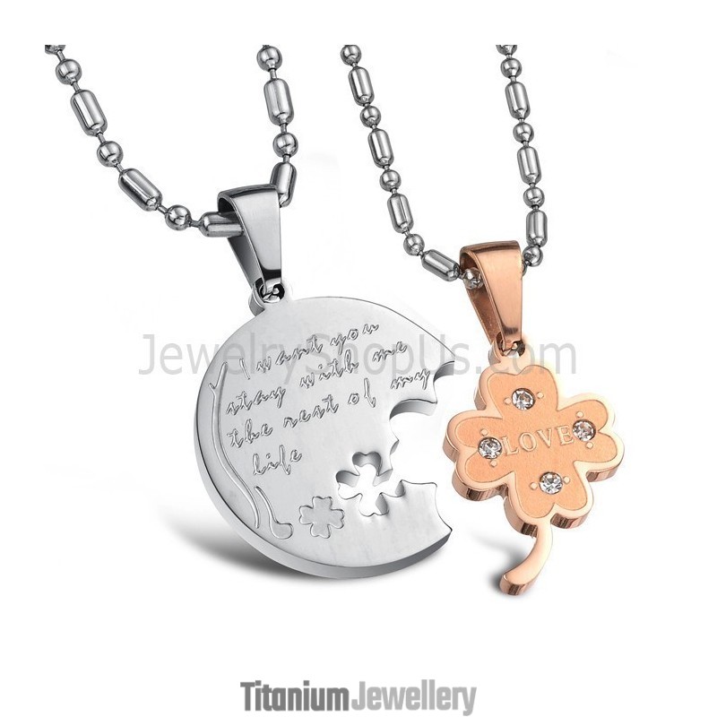 Titanium Silver And Rose Gold Flower Lovers Pendants With Rhinestones And Free Chains C599
