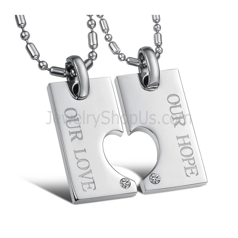 Titanium Silver "Our Hope & Our Love" Sweetheart Lovers Pendants With Rhinestones And Free Chains C602