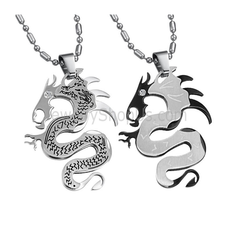 Titanium Silver And Black Dragon Lovers Pendants With Free Chains C399