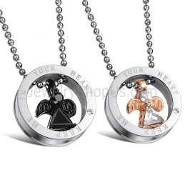 Black And Rose Gold Angle Titanium Lovers Pendants With Rhinestone And Free Chains Gx627
