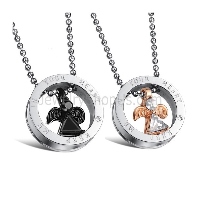 Black And Rose Gold Angle Titanium Lovers Pendants With Rhinestone And Free Chains Gx627