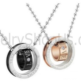 Titanium Rose Gold And Black Rings Lovers Pendants With Rhinestones And Free Chains C505