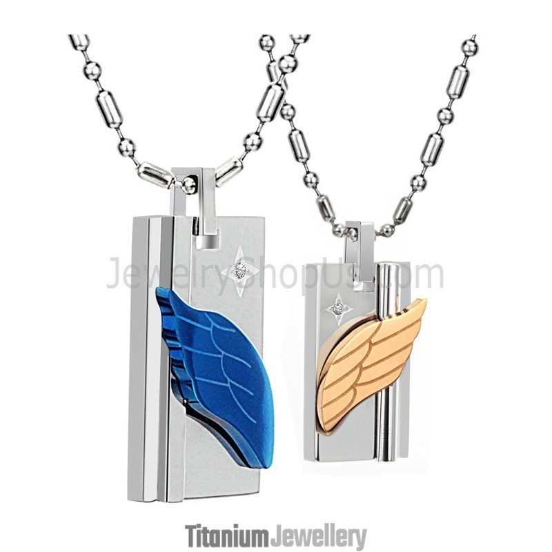 Titanium Blue And Rose Gold Angel Limb Pendants With Rhinestones And Free Chains C387