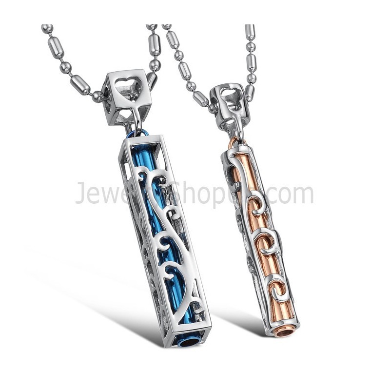 Titanium Blue And Rose Gold Hollow Lovers Pendants With Free Chains C609 Titanium Blue And Rose Gold Hollow Lovers Pendants With Free Chains C609