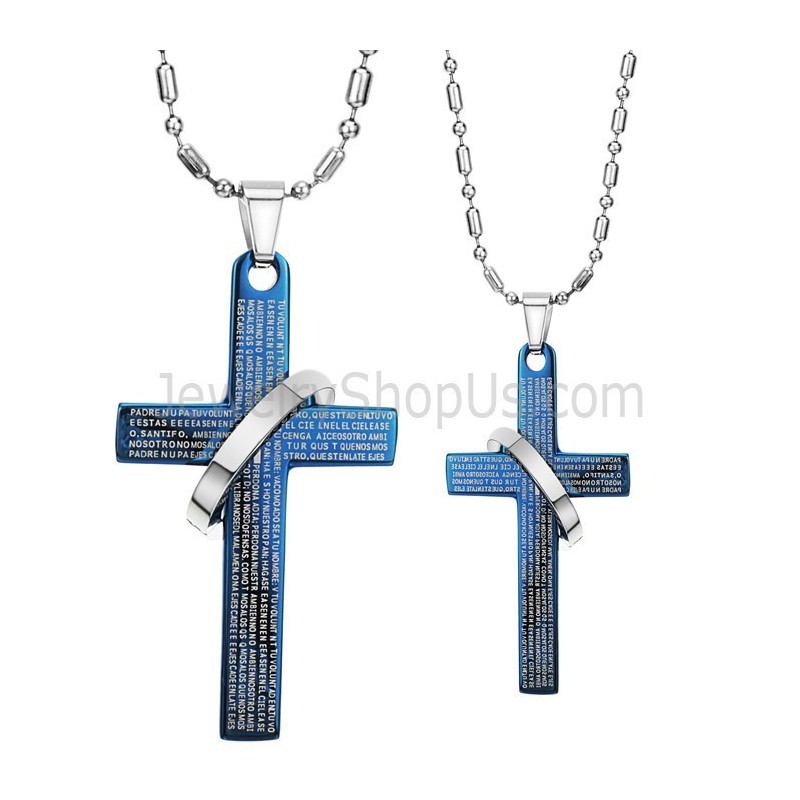 Titanium Blue Cross Bible Lovers Pendants With Free Chains C287 Titanium Blue Cross Bible Lovers Pendants With Free Chains C287