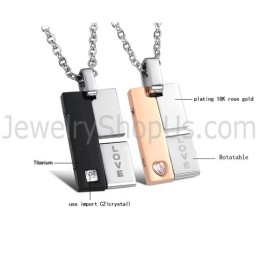 Titanium Black And Rose Gold Rotatable Lovers Pendants With Rhinestones And Free Chains C605