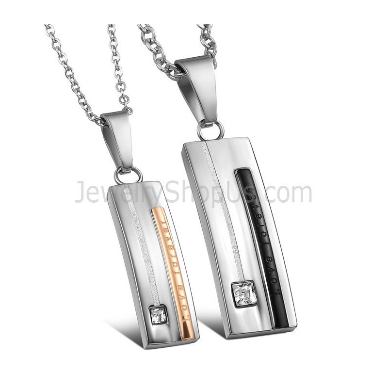Titanium Rectangle Black And Rose Gold "Love Forever" Lovers Pendants With Rhinestones And Free Chains C567