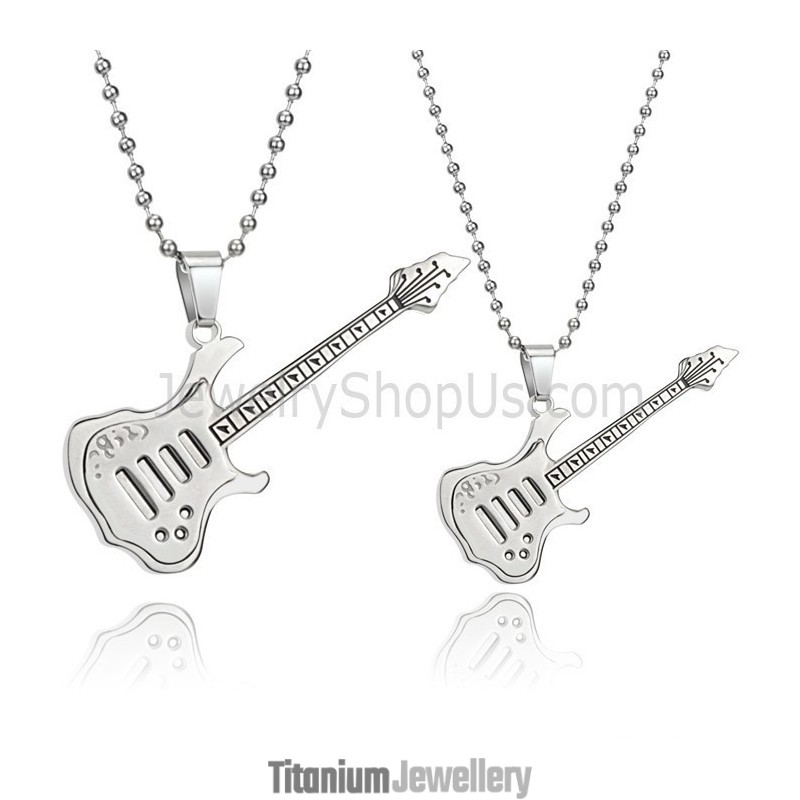 Titanium Silver Guitar Lovers Pendants With Free Chains C343 Titanium Silver Guitar Lovers Pendants With Free Chains C343