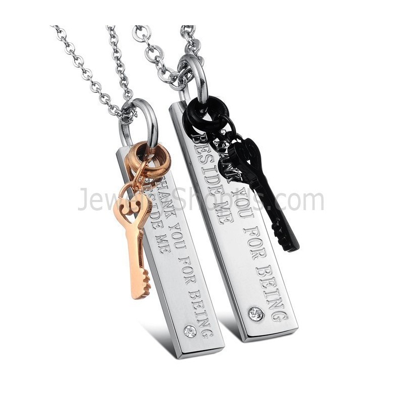 Titanium Black And Rose Gold Key Lovers Pendants With Rhinestones And Free Chains C566