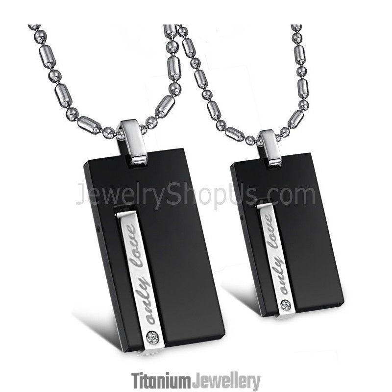 Black Titanium Rectangle "Only Love" Lovers Pendants With Rhinestones And Free Chains 220