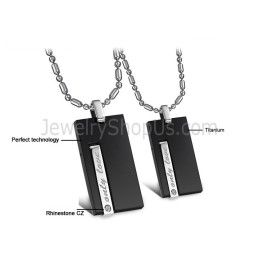 Black Titanium Rectangle "Only Love" Lovers Pendants With Rhinestones And Free Chains 220