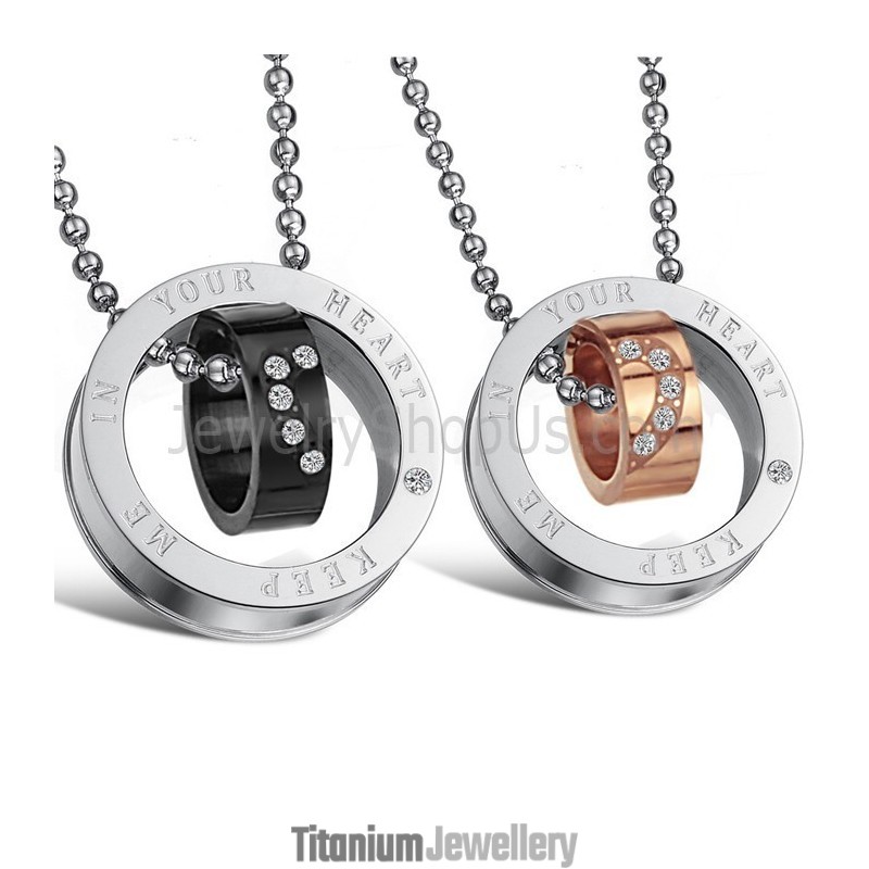 Titanium Rose Gold And Black Rings "Keep Me In Your Heart" Lovers Pendants With Rhinestone And Free Chains C673