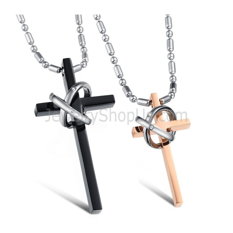 Titanium Rose Gold And Black Cross Lovers Pendants With Rhinestones And Free Chains C724