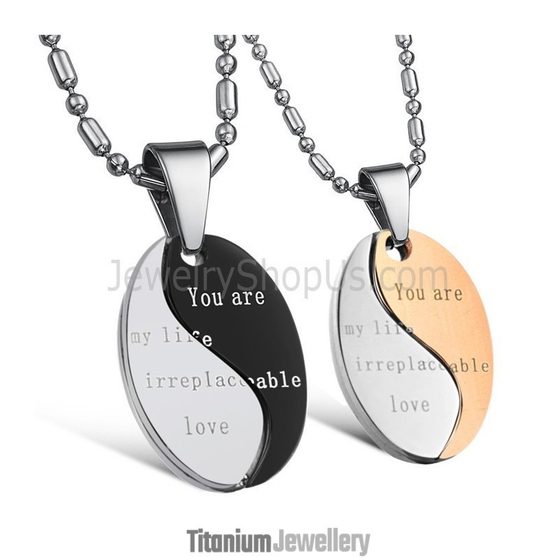 Titanium Black And Rose Gold "You Are My Life Irreplaceable Love" Lovers Pendants With Free Chains C628
