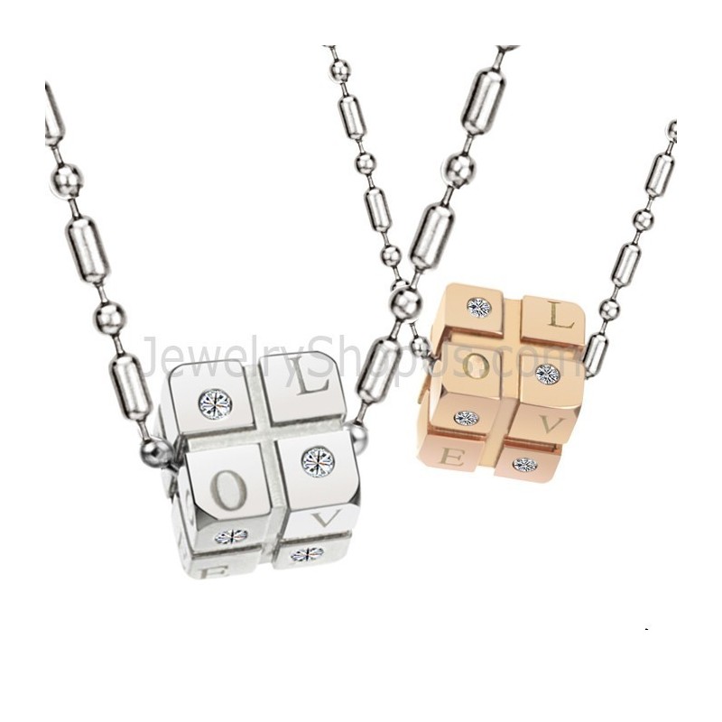 Titanium Silver And Rose Gold Dice Lovers Pendants With Rhinestones And Free Chains C309