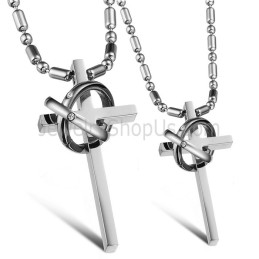 Titanium Silver Cross Lovers Pendants With Rhinestones And Free Chains Gx724