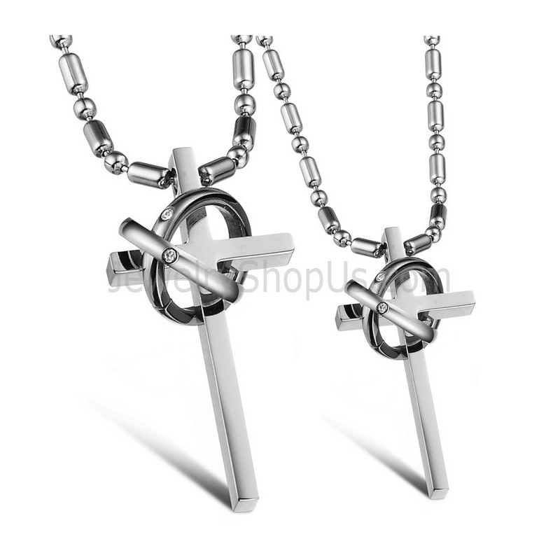 Titanium Silver Cross Lovers Pendants With Rhinestones And Free Chains Gx724