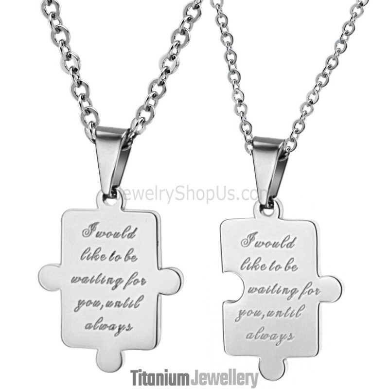 Titanium Silver Jigsaw Lovers Pendants With Free Chains C538