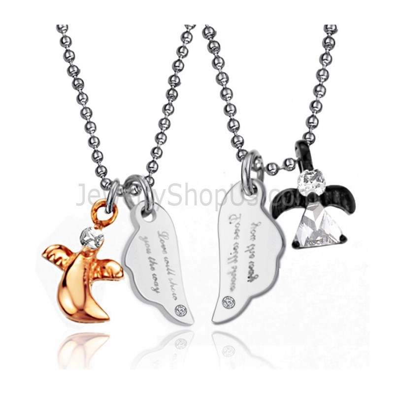 Titanium Black And Rose Gold Lovers Pendants With Rhinestones And Free Chains C739