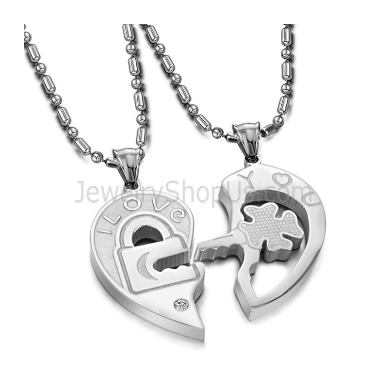 Titanium Sweetheart Key And Lock Lovers Pendants With Rhinestone And Free Chains C553