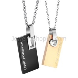 Titanium Black And Rose Gold Rectangle "Forever Love" Lovers Pendants With Free Chains C291