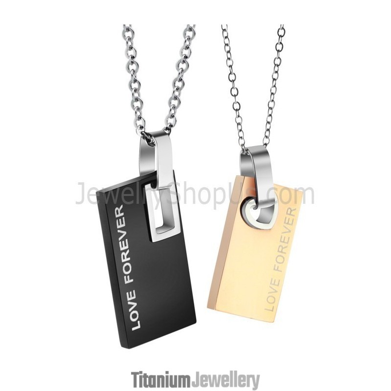 Titanium Black And Rose Gold Rectangle "Forever Love" Lovers Pendants With Free Chains C291