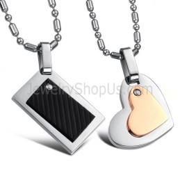 Titanium Black Rectangle And Rose Gold Sweetheart Lovers Pendants With Free Chains C601