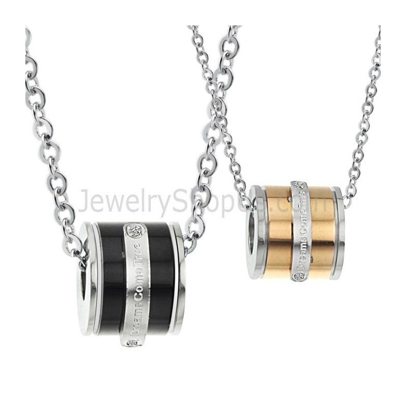Titanium Rose Gold And Black Cylinder Lovers Pendants With Rhinestones And Free Chains 207