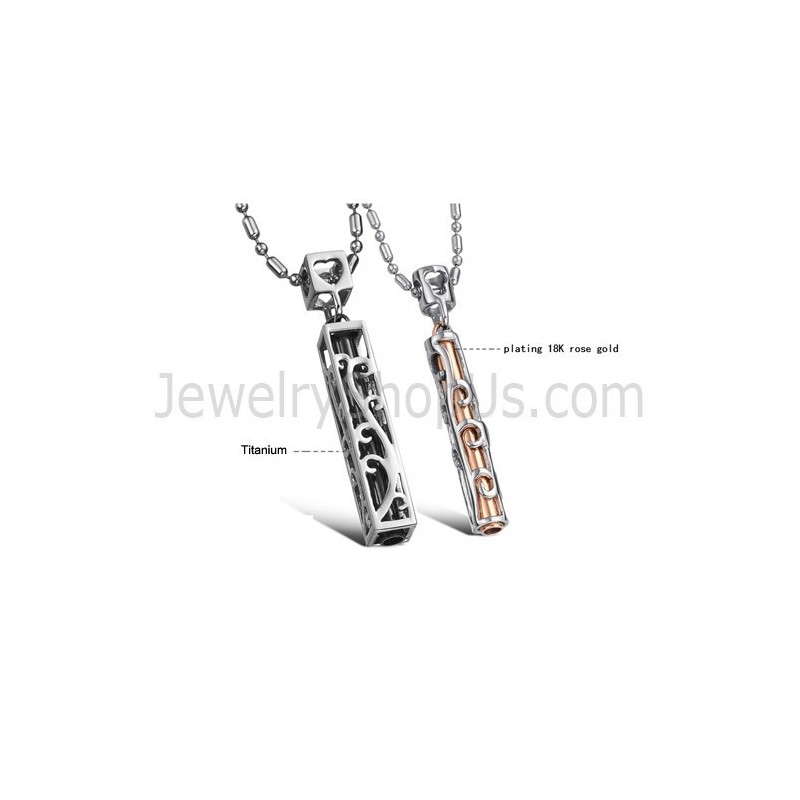 Titanium Black And Rose Gold Hollow Lovers Pendants With Free Chains C609 Titanium Black And Rose Gold Hollow Lovers Pendants With Free Chains C609