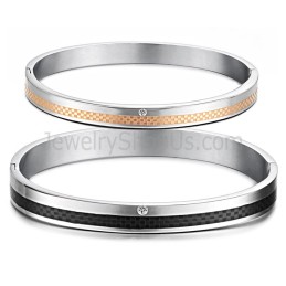 Tatanium Rose Gold And Black Grid Couple Bangles With Rhinestones C746