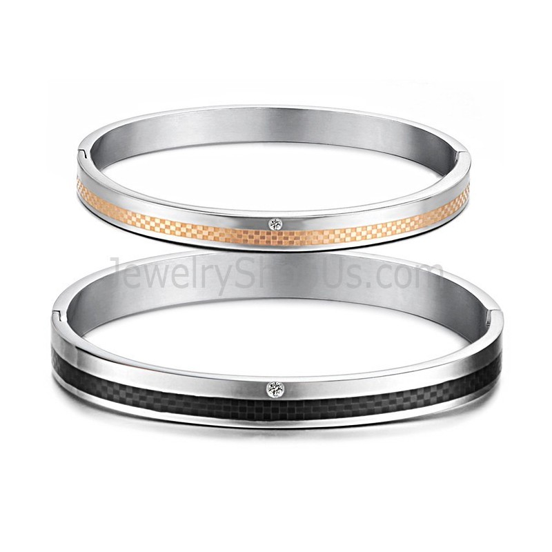 Tatanium Rose Gold And Black Grid Couple Bangles With Rhinestones C746