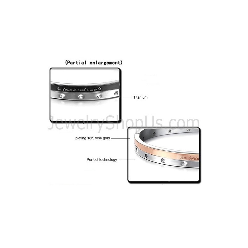 Tatanium Rose Gold And Black "Be True To One'S World" Couple Bangles With Circular Holes C868