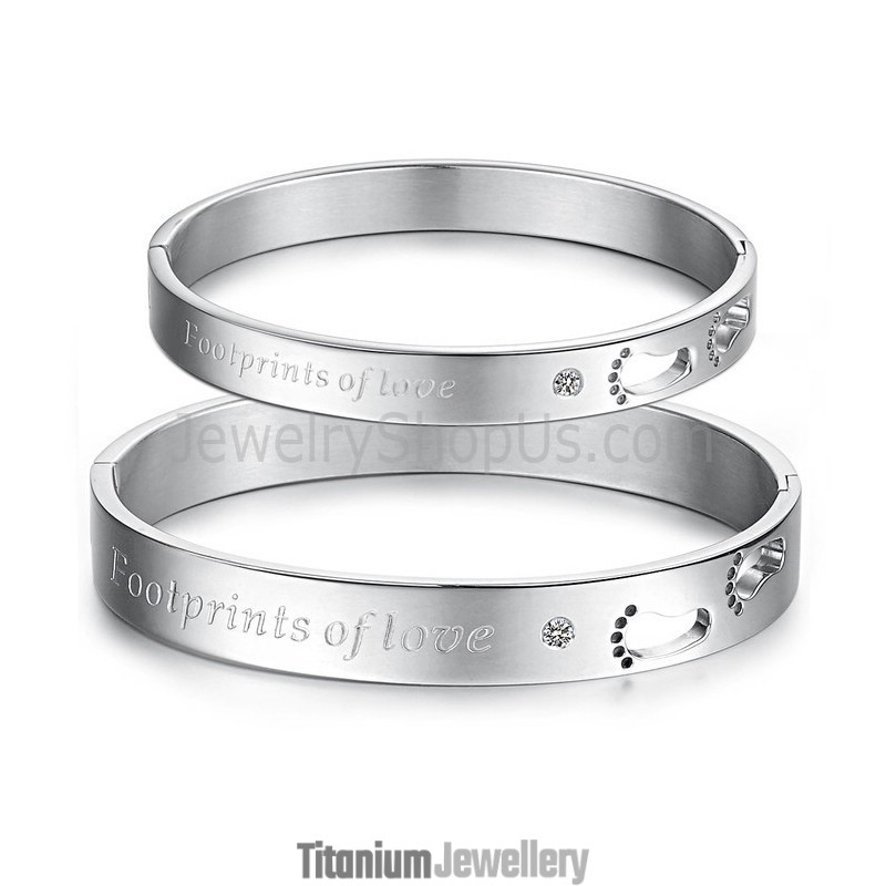 Tatanium "Footrints Of Love" Couple Bangles With Hollow Footprints And Rhinestones C850