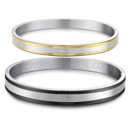 Tatanium Black And Gold "True Love Forever" Couple Bangles With Rhinestones C875