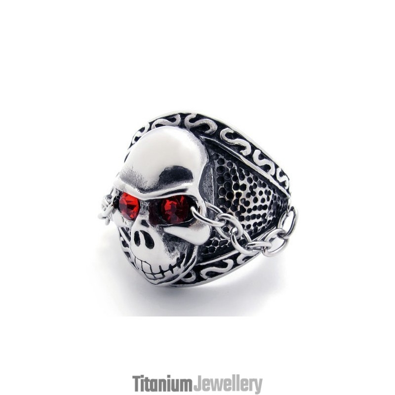 Skull With Red Diamond Titanium Ring